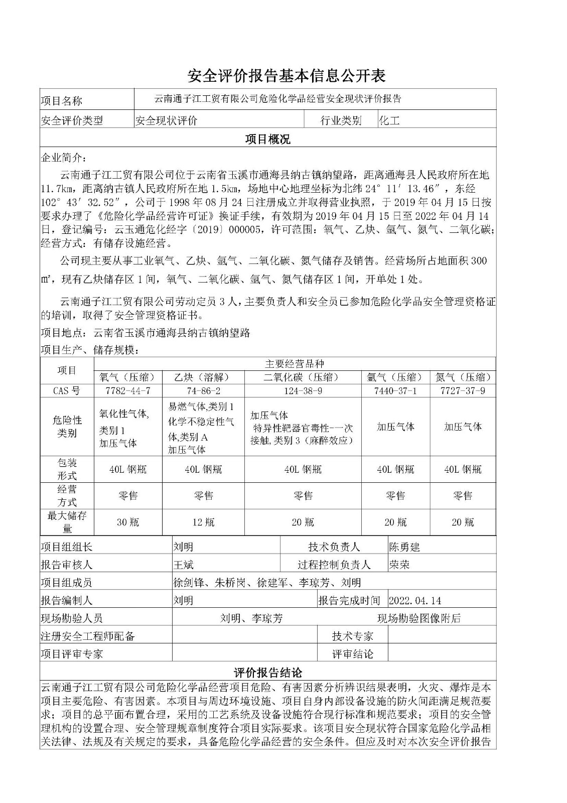 云南通子江工貿(mào)有限公司安全評價報告基本信息公開表